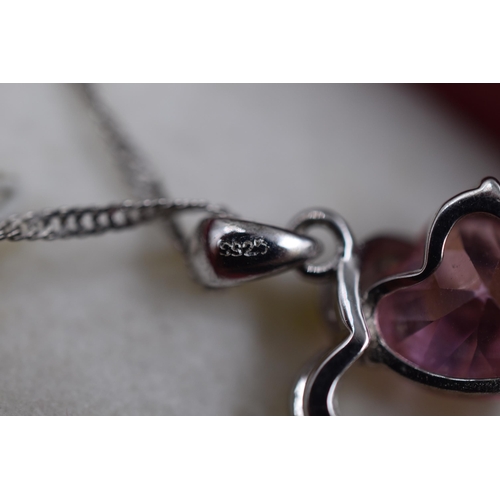 71 - A 925. Silver Twisted Chain Necklace With 925. Silver Pink and Clear Stoned Loveheart Pendant, In Pr... 