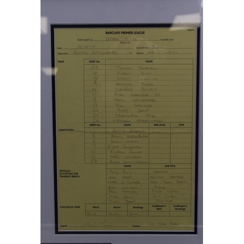 315 - Official Team Sheets of Bolton Wanderers v Stoke City, Premiership Match 16/10/2010, Framed and Glaz... 