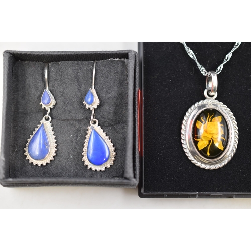 97 - Pair of Silver 925 Blue Stoned Drop Earrings and a Intaglio Hardstone Flower Pendant Necklace Both c... 