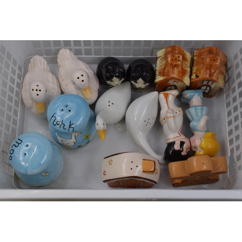 240 - Seven novelty condiment sets to include cottages, cats, ducks and more