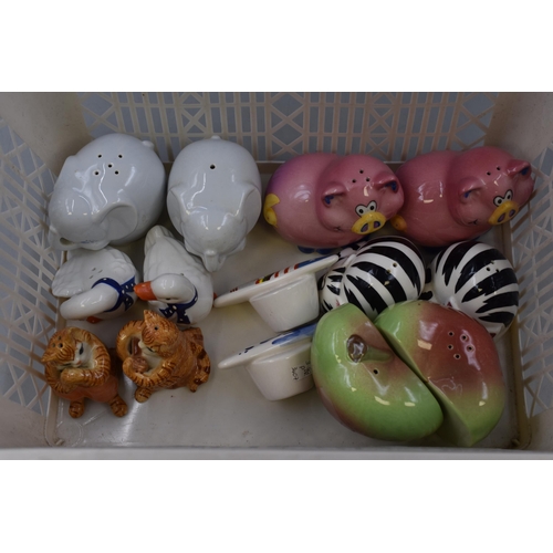 245 - Seven sets of novelty condiment sets to include elephants, pigs, surf boards, apple and more.