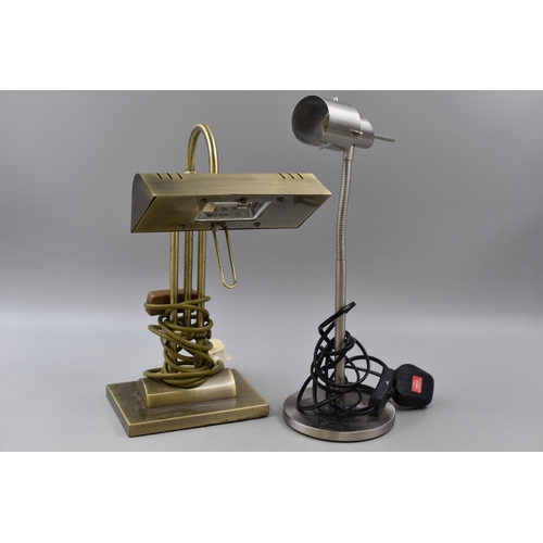 247 - Retro brass adjustable bankers desk lamp (working when tested) and a chrome desk lamp