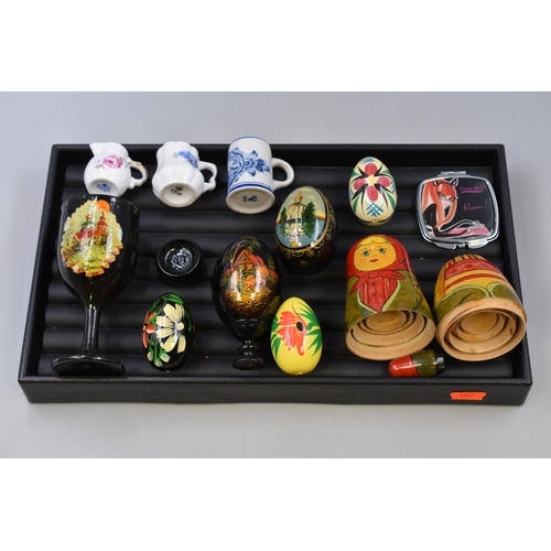 143 - Mixed Tray of Items Including Russian Doll, Hand Painted Eggs and More