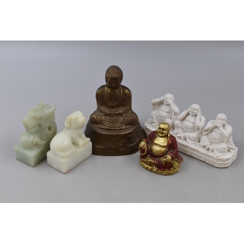 272 - Oriental lot to include 2 jade name stamps, and 3 Buddha's largest 4