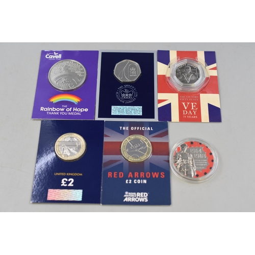 163 - Selection of 6 Collectors Coins including Victory 50p, Red Arrows £2, War in the Air £2 ... 