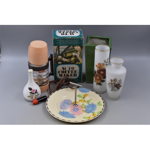 284 - A Mixed Selection To Include Coronet Ware Cake Plate, Retro Auto Coffee Maker, Two Opaque Glass Vict... 