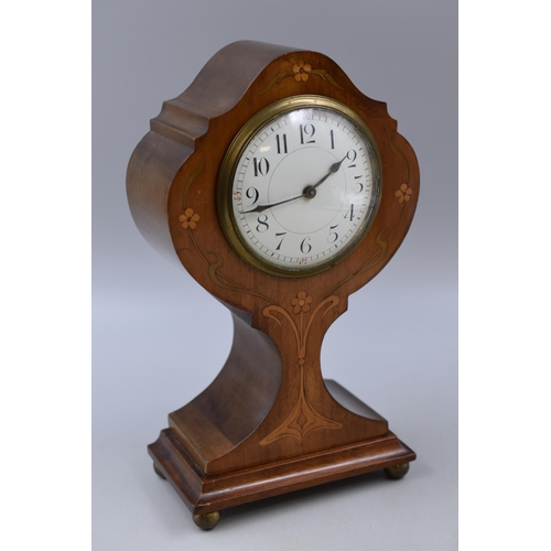 286 - An Art Nouveau French Wood Cased Floral Inlaid Mantle Clock, Approx 26cm Tall. In Working Order, Wit... 