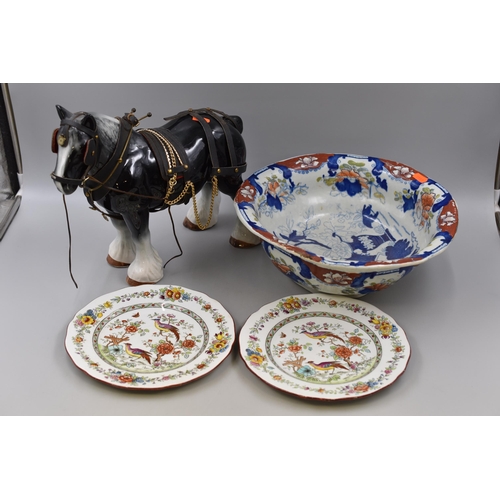 295 - Mixed lot of pottery and ornaments to include a shire horse ornament with equipment to go with it (1... 