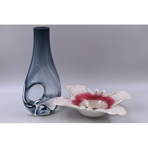 298 - Two Pieces of Art Glass To Include Murano Style Blue Glass Vase, And Red And Cream Copper Speckled B... 