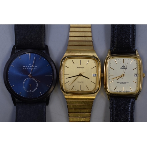 130 - Three Gents Quartz Watches (Skagen, Avia & Lorus) all Working