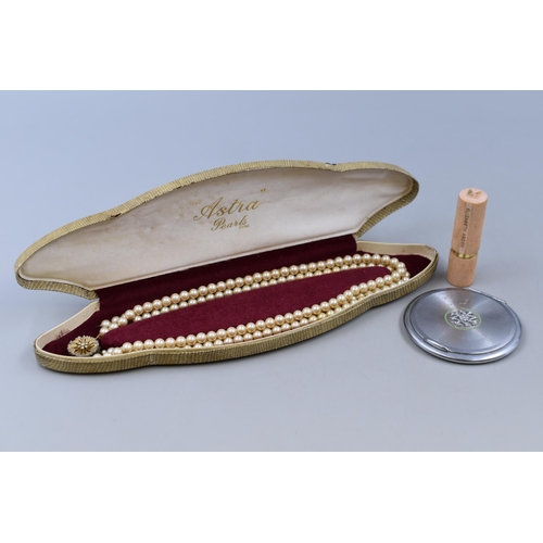 135 - An Astra Pearl Necklace In Presentation Case (AF), With Elizabeth Arden Lipstick, And Vintage Compac... 