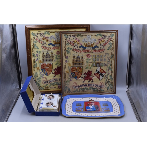 575 - A Selection of Commemorative Charles and Diana Items To Include Two Framed and Glazed Samplers, Serv... 