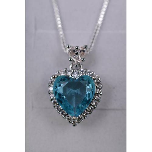 50 - A 925. Silver Necklace Chain With Blue Heart Stoned 18ct White Gold Plated Pendant. In Presentation ... 