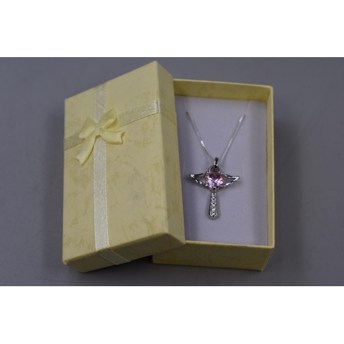 52 - A 925. Silver Pink and Clear Stoned Guardian Angel Pendant Necklace, In Presentation Box