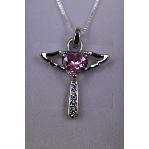 52 - A 925. Silver Pink and Clear Stoned Guardian Angel Pendant Necklace, In Presentation Box