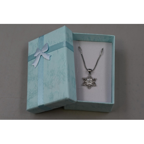 53 - A 925. Silver Clear Stoned Snowflake Pendant Necklace, In Presentation Box