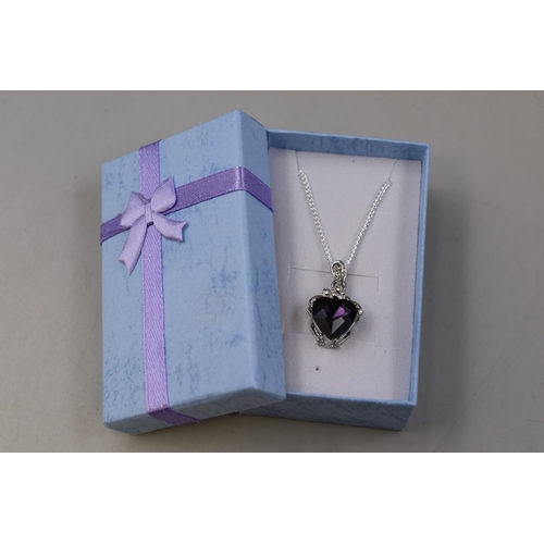 54 - A 925. Silver Necklace Chain, With Purple Heart Stoned Pendant. In Presentation Box