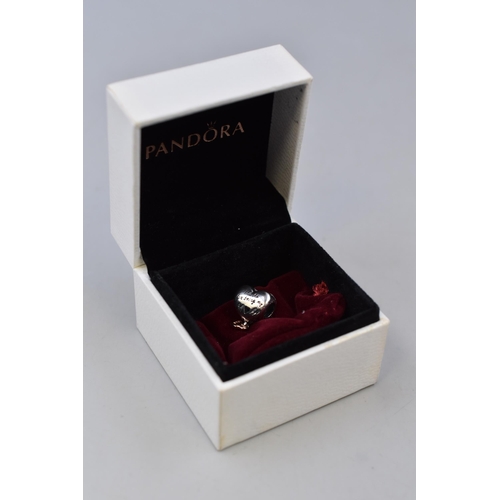 61 - A Pandora 925. Silver 'Thank You For Being My Mum' Charm, With Presentation Box and Pouch