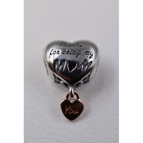 61 - A Pandora 925. Silver 'Thank You For Being My Mum' Charm, With Presentation Box and Pouch