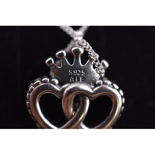 65 - A Pandora 925. Silver Intertwined Loveheart Crown Pendant Necklace, In Presentation Box