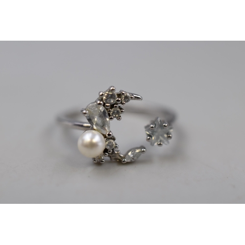 5 - A 925. Silver Mother of Pearl and Clear Stoned Moon and Star Ring, In Presentation Box