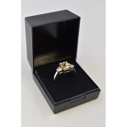 7 - Silver 925 Yellow & Clear Stoned Ring, Size R Complete With Presentation Box