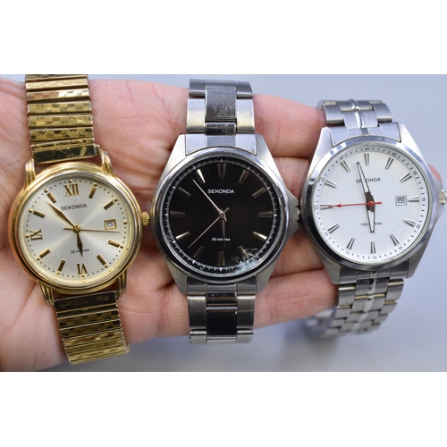 109 - Three Gents Sekonda Quartz Watches To Include Black Dial Watch (Glass AF), White Dial Day/Time, And ... 