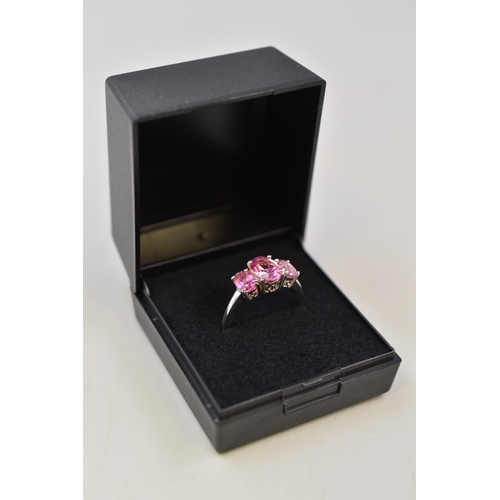 11 - Silver 925 Pink Stoned Ring, Size O Complete With Presentation Box