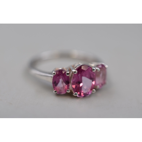 11 - Silver 925 Pink Stoned Ring, Size O Complete With Presentation Box