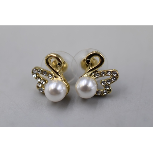 23 - A Pair of 925. Silver Gold Tone Mother of Pearl and Clear Stoned Swan Earrings, In Presentation Box