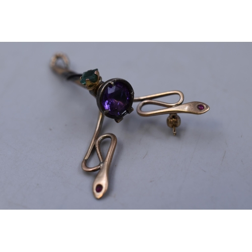 27 - A Victorian Unmarked Yellow Metal (Possibly Gold) Emerald, Amethyst and Ruby Stoned Brooch, Approx 6... 