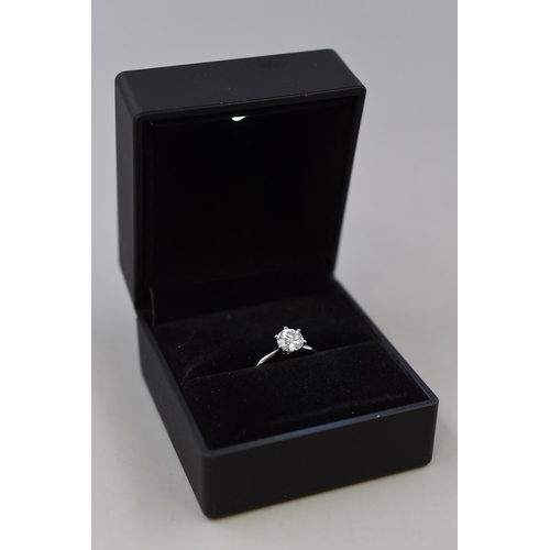 33 - Silver 925, Moissanite Stoned Ring Complete with Light up Presentation Box