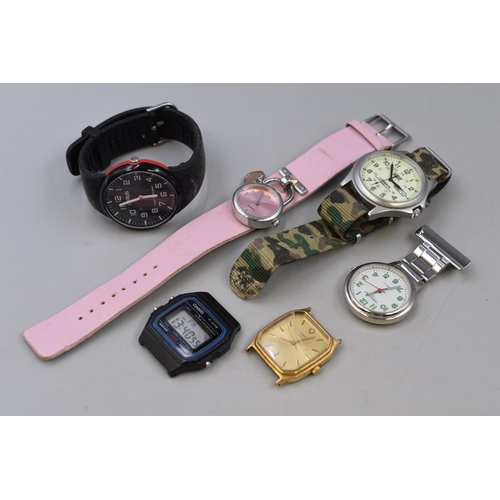 129 - Six Watches To Include Casio F-91W Watch Head (Working), Loris Luminous Dial Watch, Constant Nurses ... 