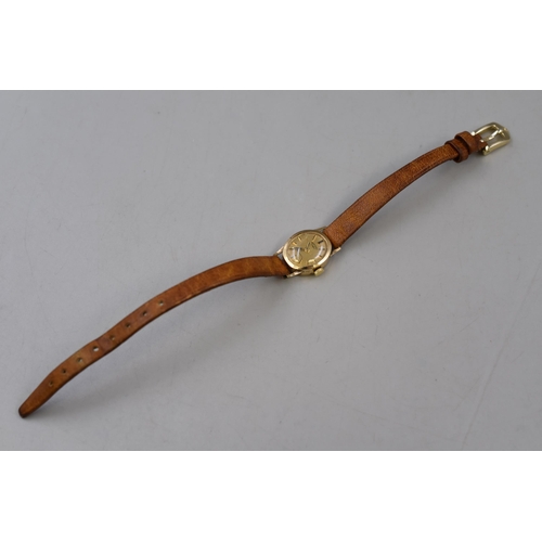 43 - Ladies Rotary quartz wrist watch with 375 gold case and brown leather strap in working condition