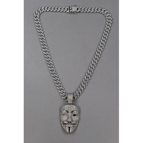 133 - Brand New Chunky Iced Out Cuban V for Vendetta Mask Necklace complete with Gift Pouch Perfect Gift