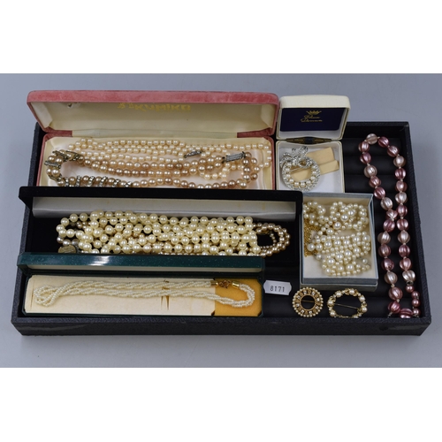 142 - A Selection of Pearl/Simulated Pearl Jewellery To Include Silver Clasped Necklace, Brooch, and Vario... 