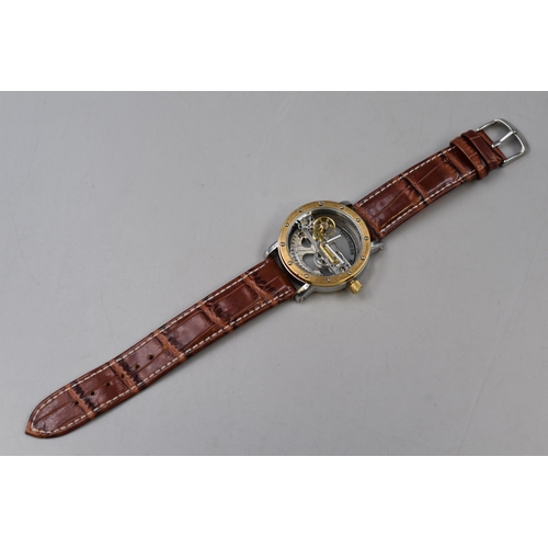 80 - Automatic Mechanical Skeleton Watch with Brown Faux Leather Strap Working when tested