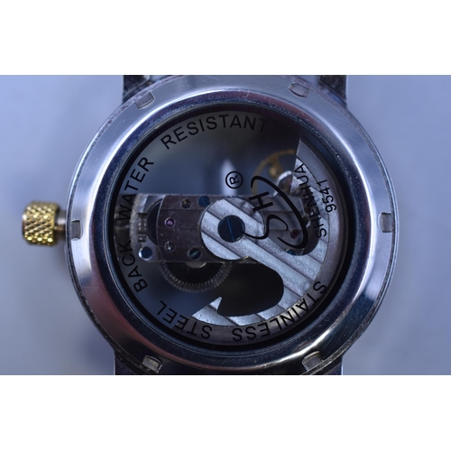 80 - Automatic Mechanical Skeleton Watch with Brown Faux Leather Strap Working when tested