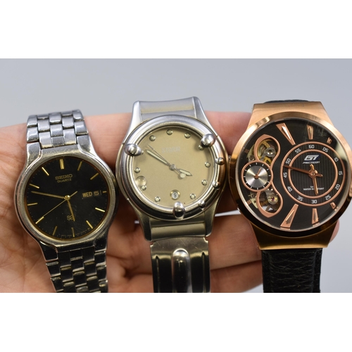 86 - Three Gents Watches To Include Seiko SQ Day/Date Quartz Watch, Storm Day/Time Watch, And GT Precisio... 