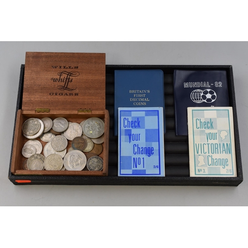 166 - Mixed Selection of Coinage in Cigar Box with Britain's First Decimal Coins set and Spanish 1982 Coin... 