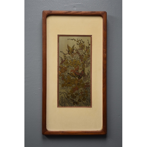 367 - Two Oriental Brass Etched Artpieces (Floral and Peacock), And An Original Framed Oil on Canvas Nauti... 