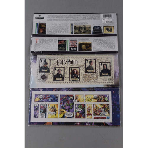 189 - Three Royal Mail Mint Stamp Sets To Include Marvel, Harry Potter, And Agatha Christie