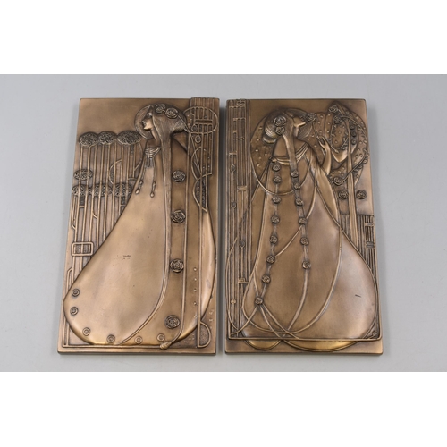 213 - Pair of Vintage Art Nouveau Charles Rennie Mackintosh Style Bronzed Effect Wall Plaques approx 9.5