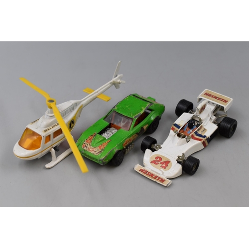 191 - Three Playworn Die-Cast Vehicles, Corgi Drax Airlines From James Bon Moonraker, Matchbox Speed Kings... 