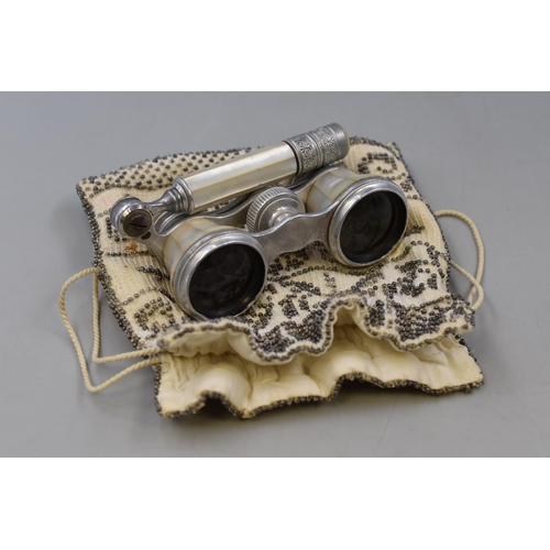 223 - A quality pair of opera glasses in mother of pearl in a sequinned bag