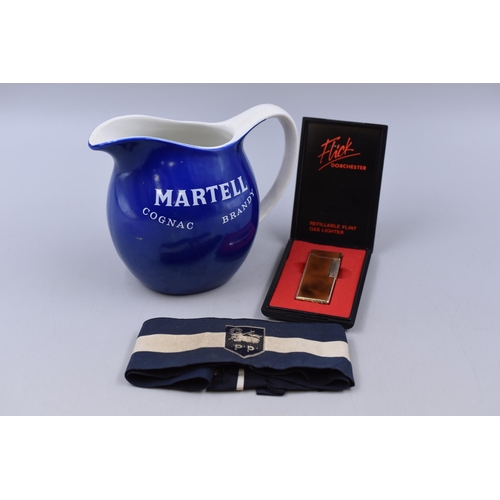 230 - A Martell Cognac Brandy Water Jug, With Flick Dorchester Lighter, And Preston North End Armband