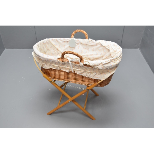 406 - As New Wicker Moses Basket Complete with Stand and Dressings