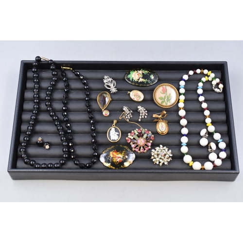 243 - A Selection of Vintage Kitsch Jewellery To Include Marcasite Floral, Glass Beaded, Embroidered Flora... 