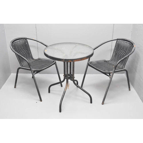 560 - Garden Table and Two Chairs Set with Plastic Wicker Effect Weave Seating and Glass Topped Table ***N... 