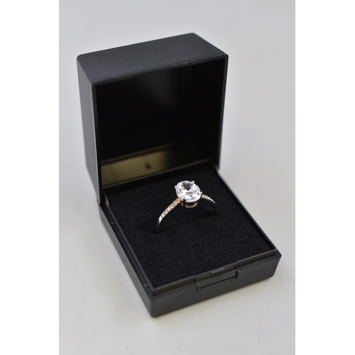 18 - Silver 925 Clear Stoned Ring Size R Complete with Presentation Box